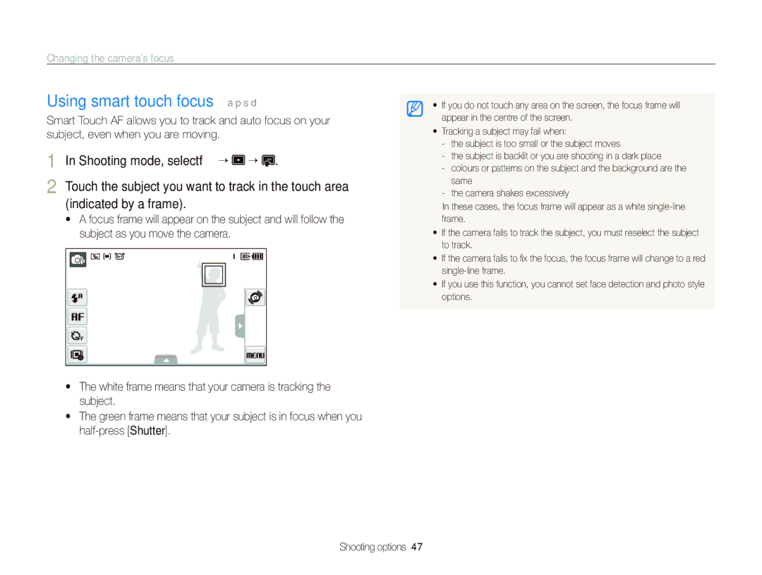 Samsung ST550 user manual Using smart touch focus a p s d, Changing the camera’s focus, Shooting mode, select f “ “ 