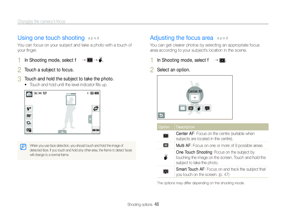 Samsung ST550 user manual Using one touch shooting a p s d, Adjusting the focus area a p s d 