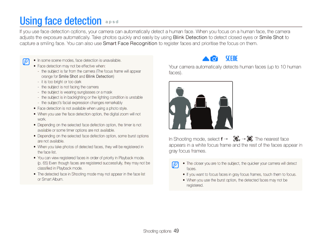 Samsung ST550 user manual Using face detection a p s d, Detecting faces 