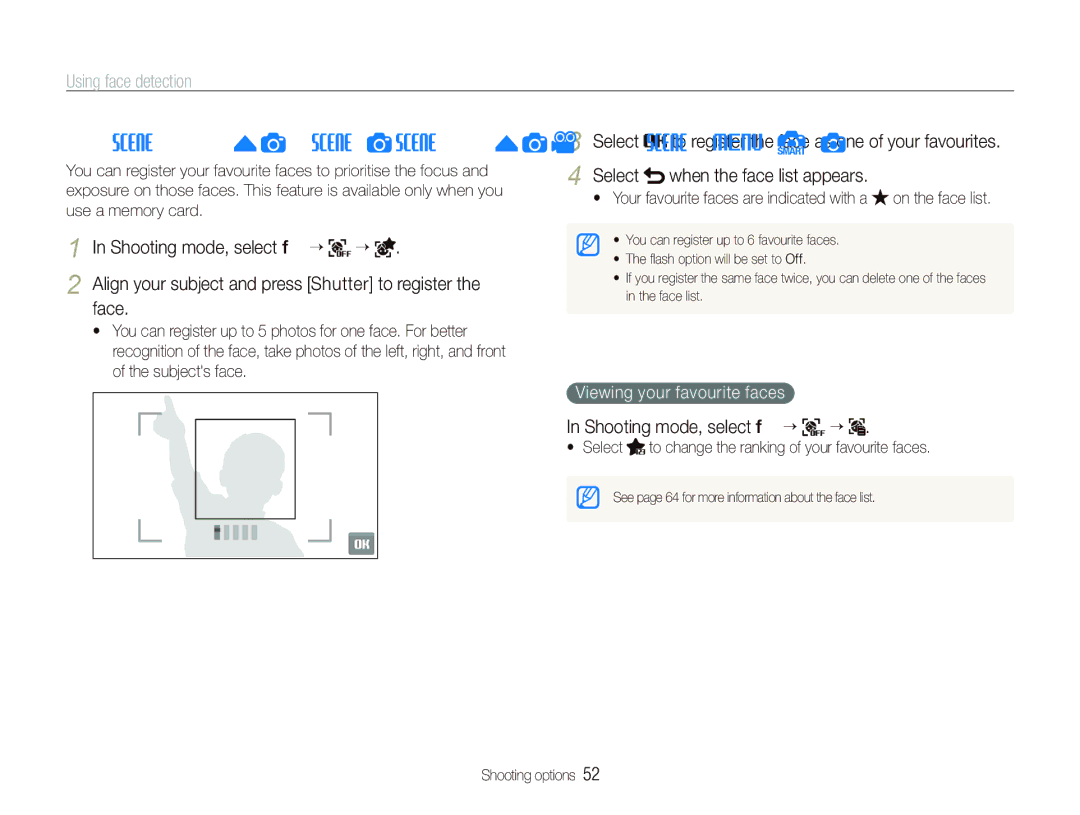 Samsung ST550 Registering faces as your favourites My Star, Shooting mode, select f “, Face, Viewing your favourite faces 