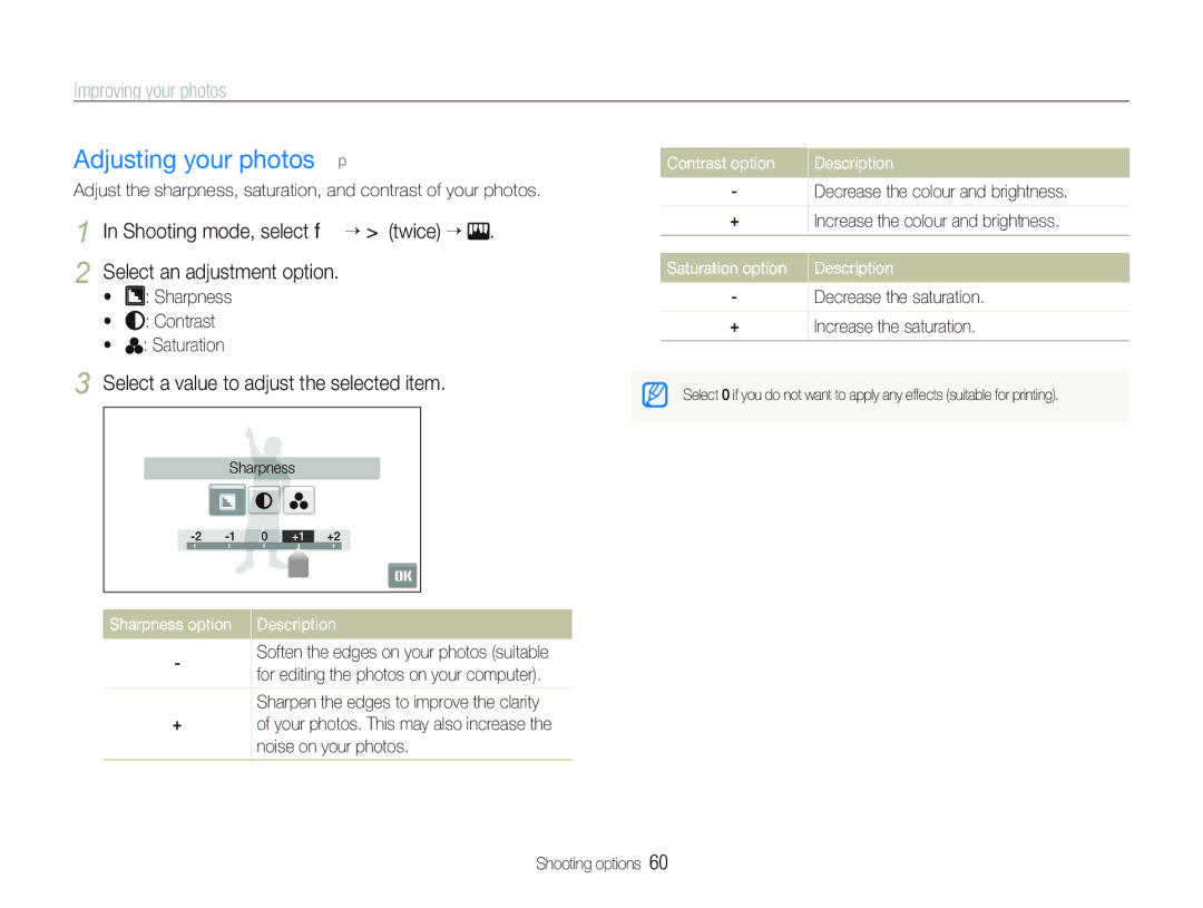 Samsung ST550 user manual Adjusting your photos p, Improving your photos, Select a value to adjust the selected item 