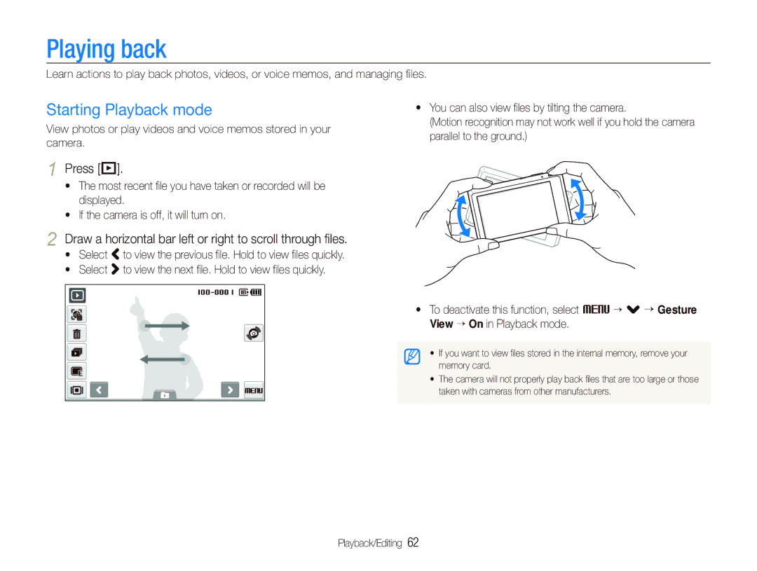 Samsung ST550 Playing back, Starting Playback mode, Press P, Draw a horizontal bar left or right to scroll through ﬁles 