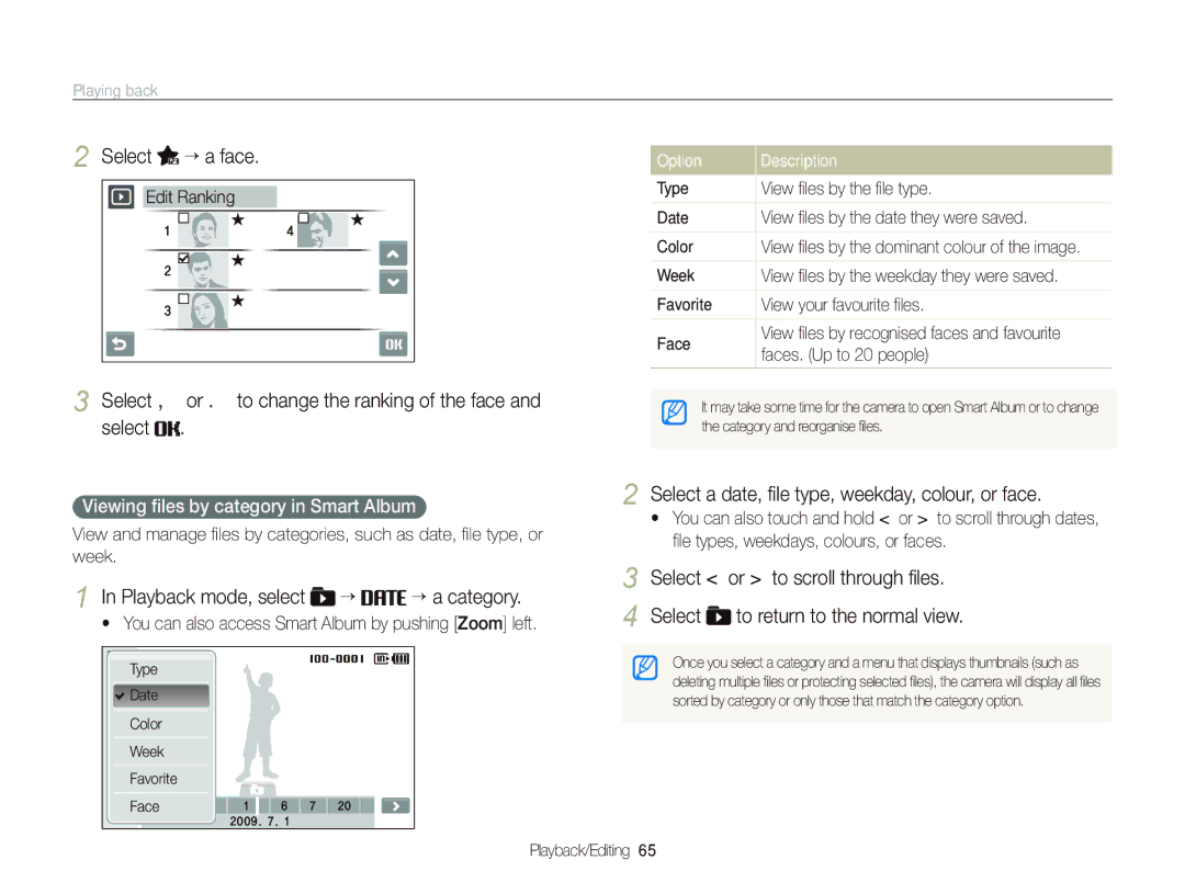 Samsung ST550 user manual Select “ a face, Select , or . to change the ranking of the face and select 