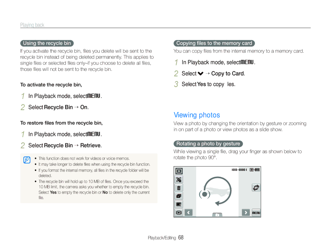 Samsung ST550 user manual Viewing photos, Playback mode, select M Select Recycle Bin “ On 