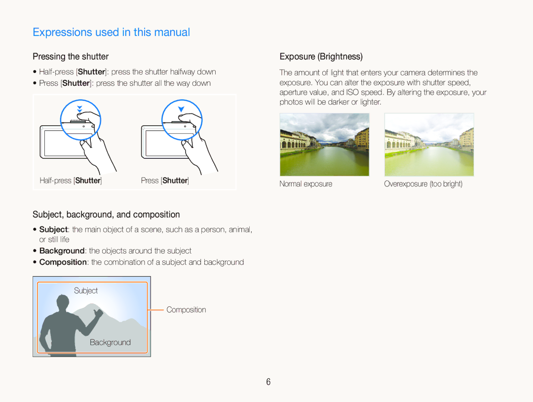 Samsung ST550 user manual Expressions used in this manual, Pressing the shutter, Subject, background, and composition 