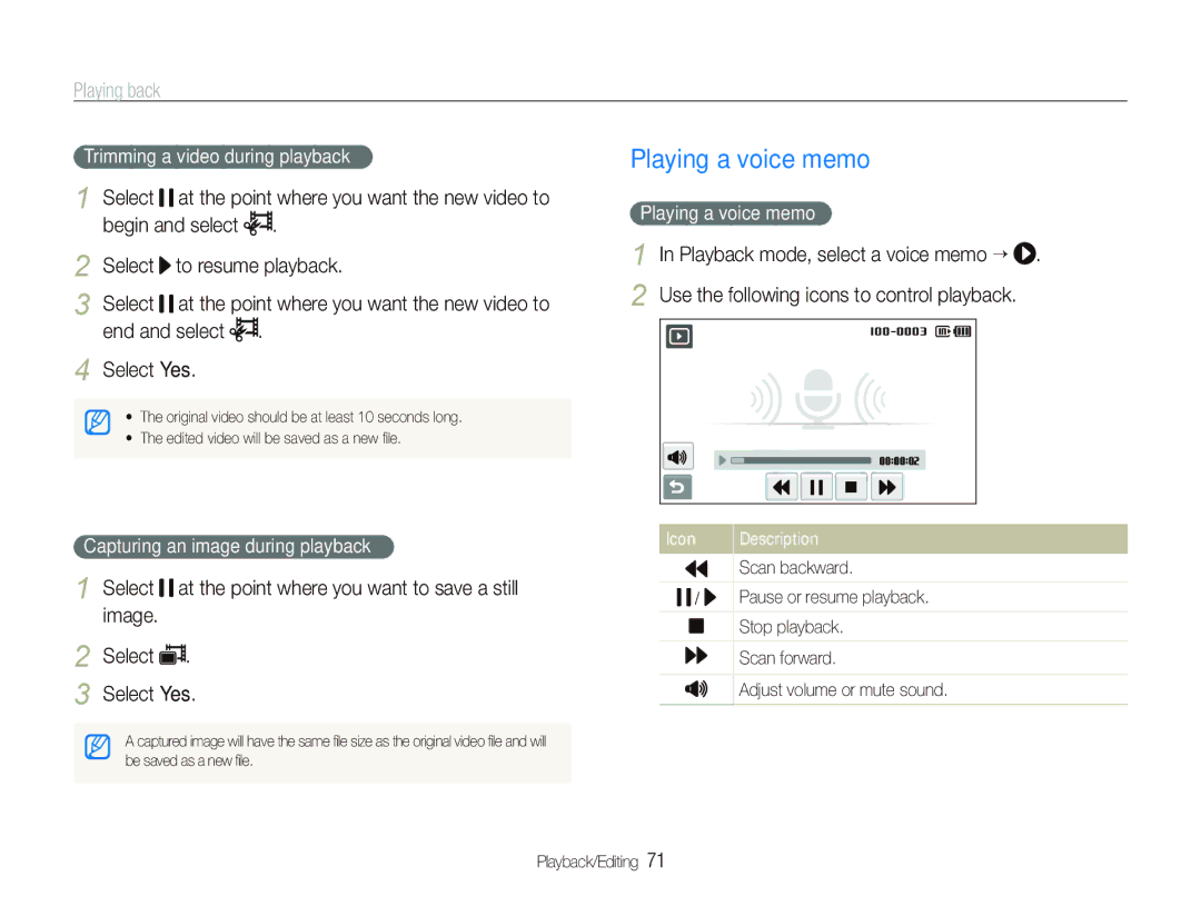 Samsung ST550 user manual Playing a voice memo, End and select Select Yes, Trimming a video during playback 