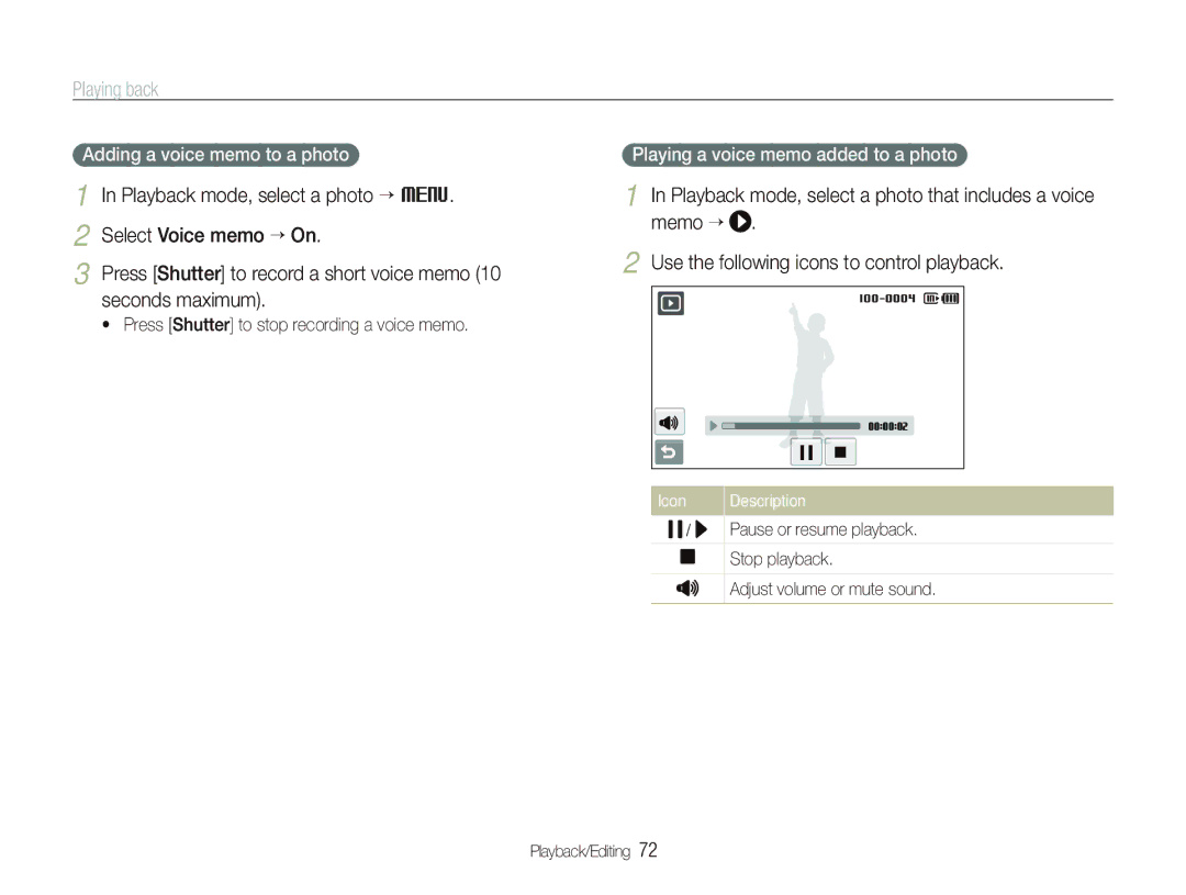 Samsung ST550 user manual Adding a voice memo to a photo, Playing a voice memo added to a photo 