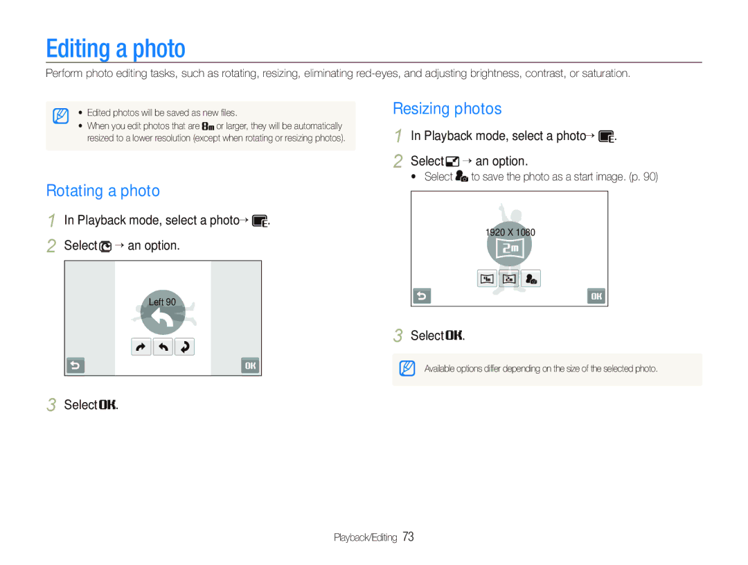 Samsung ST550 Editing a photo, Rotating a photo, Resizing photos, Playback mode, select a photo “ Select ““an option 