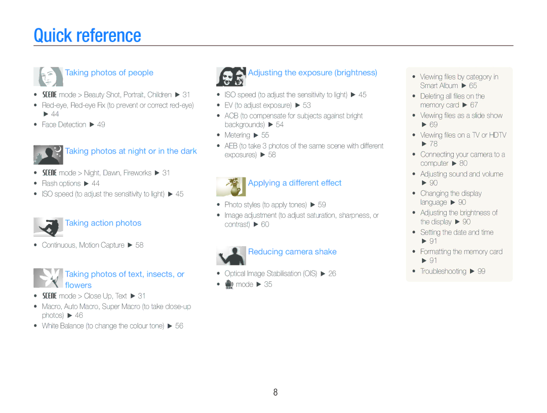 Samsung ST550 user manual Quick reference, Taking photos of people 