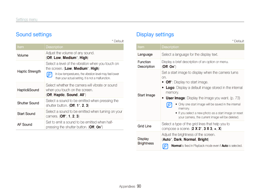 Samsung ST550 user manual Sound settings, Display settings, Settings menu 