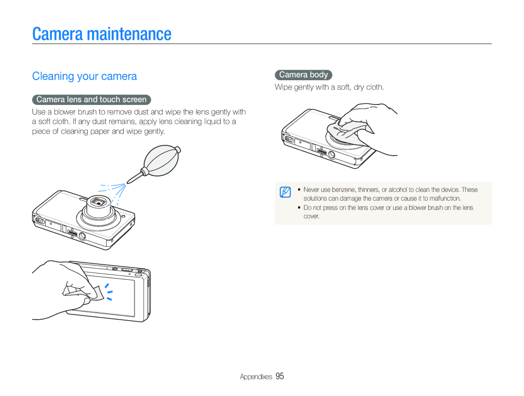 Samsung ST550 user manual Camera maintenance, Cleaning your camera, Camera lens and touch screen, Camera body 