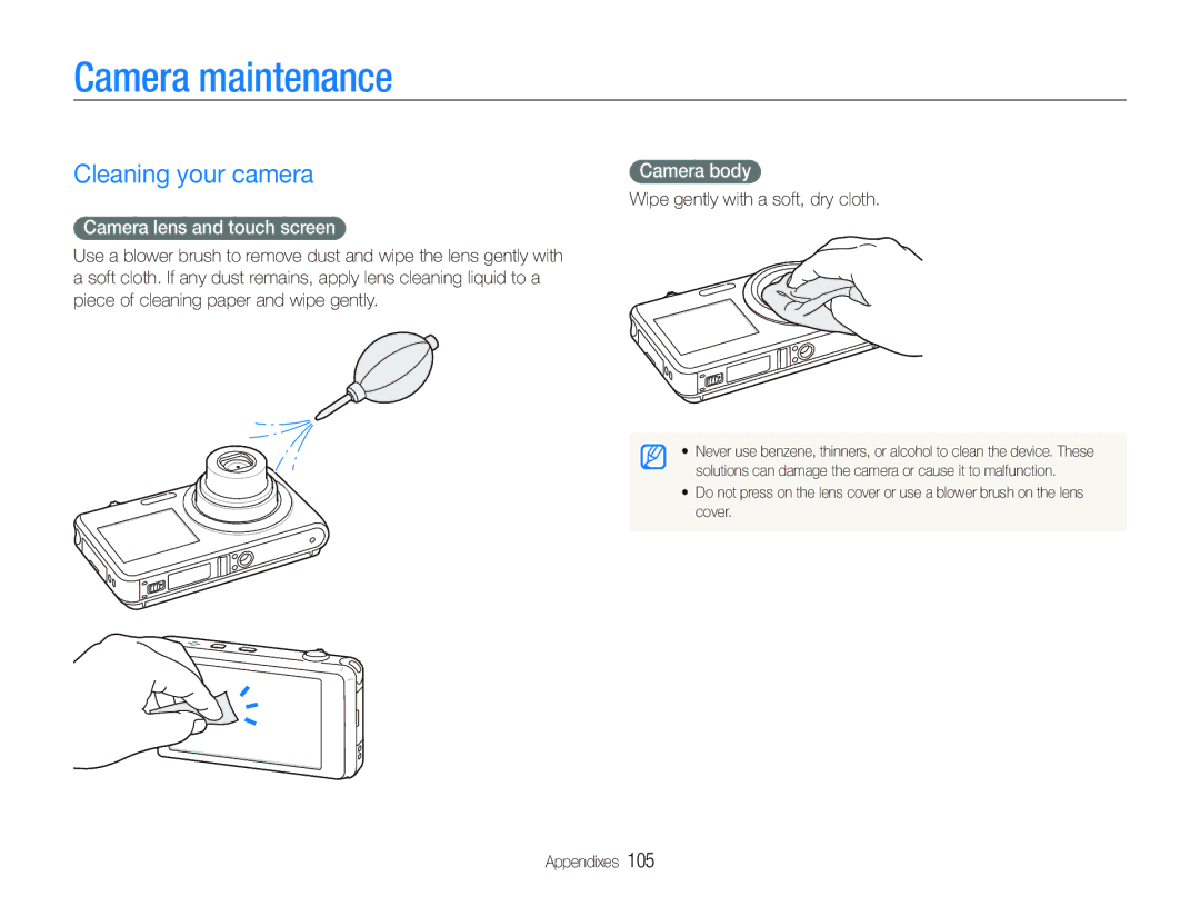 Samsung ST600 user manual Camera maintenance, Cleaning your camera, Camera lens and touch screen, Camera body 