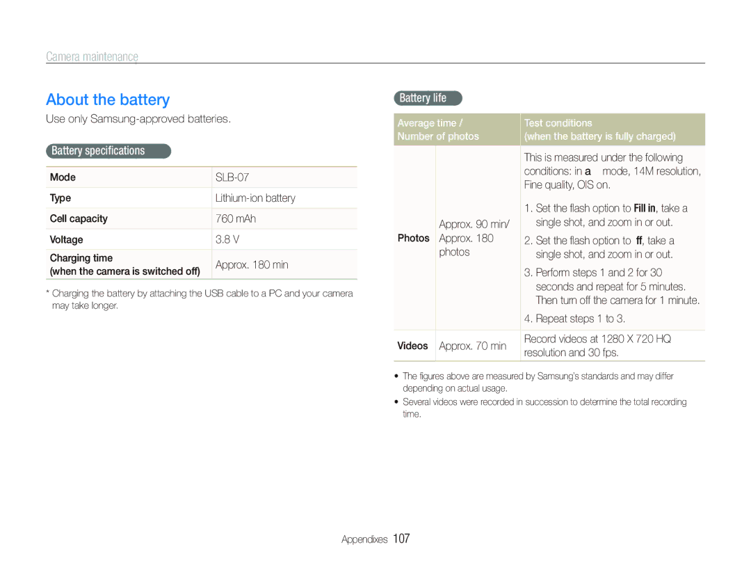 Samsung ST600 user manual About the battery, Battery speciﬁcations, Battery life 