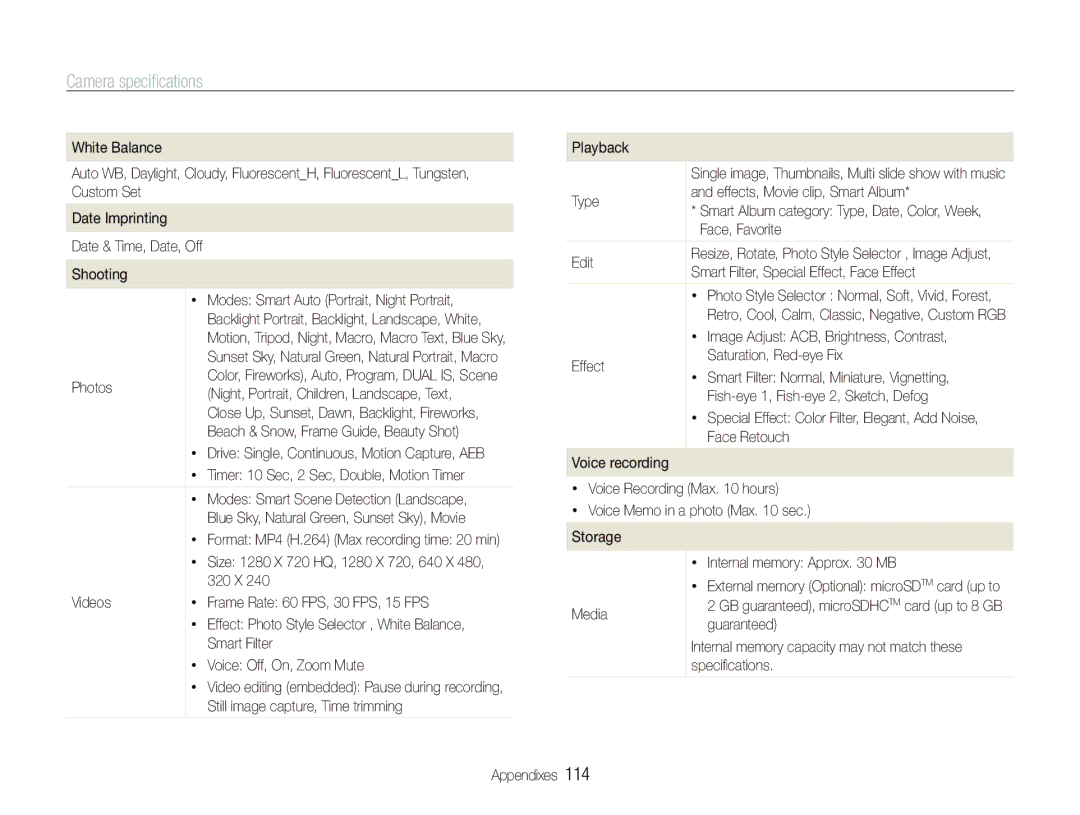 Samsung ST600 user manual Camera speciﬁcations 