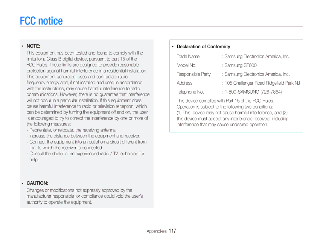 Samsung user manual FCC notice, Model No Samsung ST600 Responsible Party, Address, Telephone No Samsung 