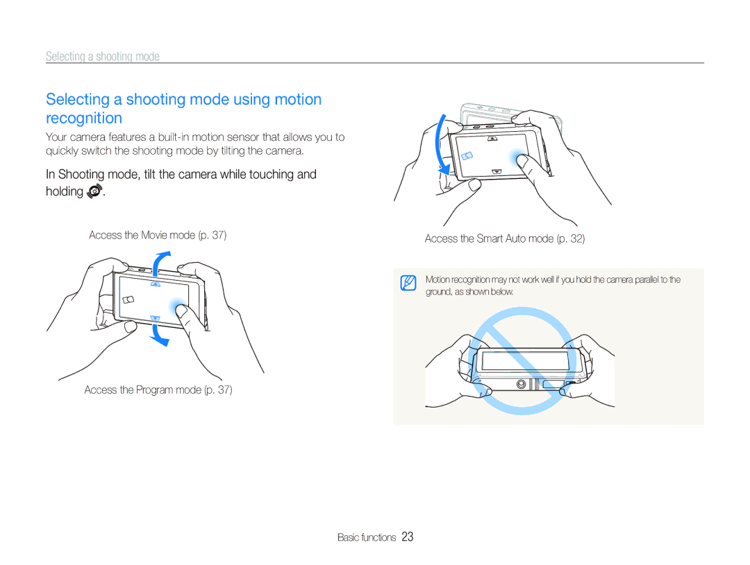 Samsung ST600 user manual Selecting a shooting mode using motion recognition 