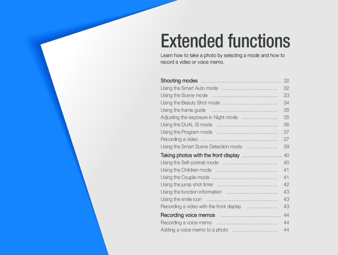 Samsung ST600 user manual Extended functions, Taking photos with the front display …………………… 