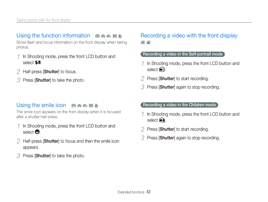 Samsung ST600 user manual Using the function information S a p s d, Using the smile icon S a p s d 