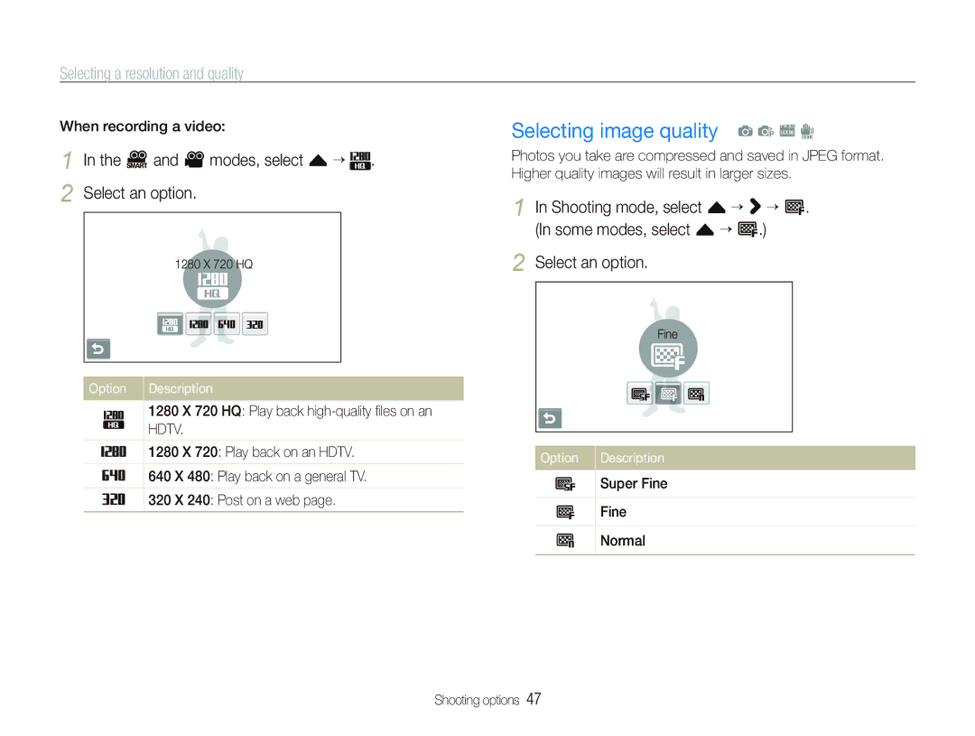 Samsung ST600 user manual Selecting image quality a p s d, Selecting a resolution and quality, Option 