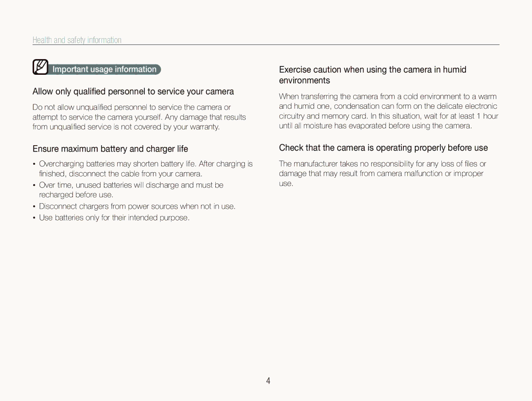 Samsung ST600 user manual Allow only qualiﬁed personnel to service your camera, Ensure maximum battery and charger life 