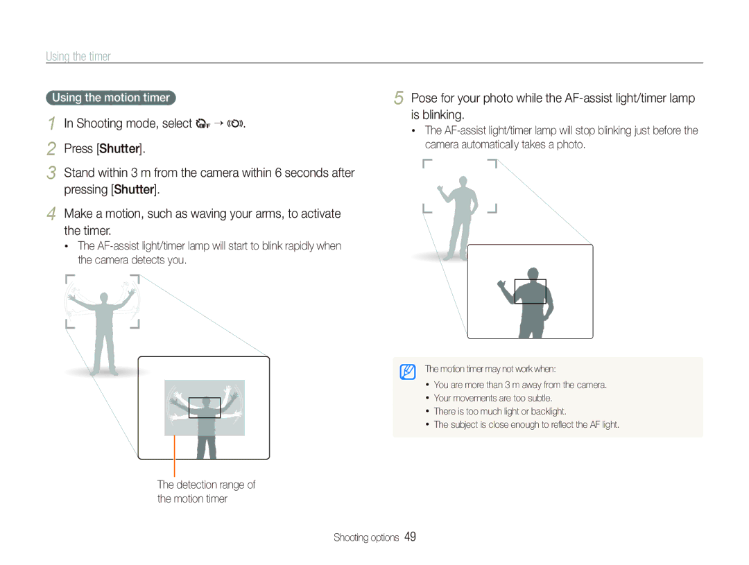 Samsung ST600 user manual Using the timer, Using the motion timer, Shooting mode, select 