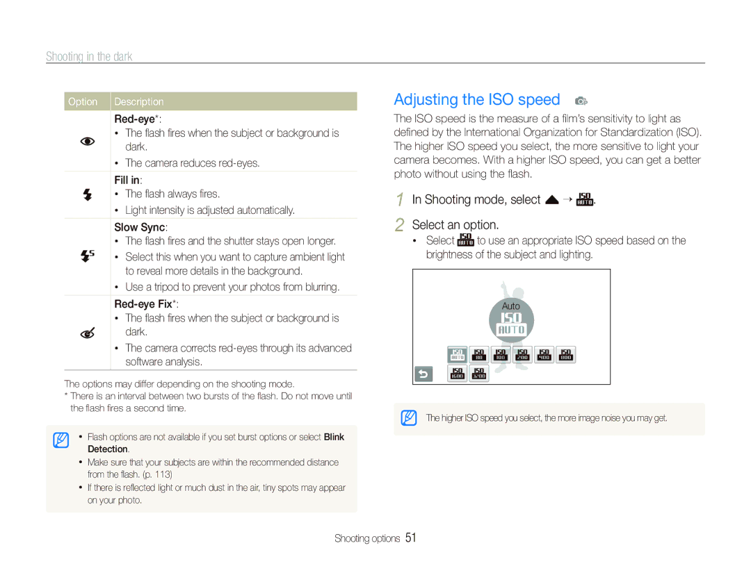 Samsung ST600 user manual Adjusting the ISO speed p, Shooting in the dark, Shooting mode, select f “ Select an option 