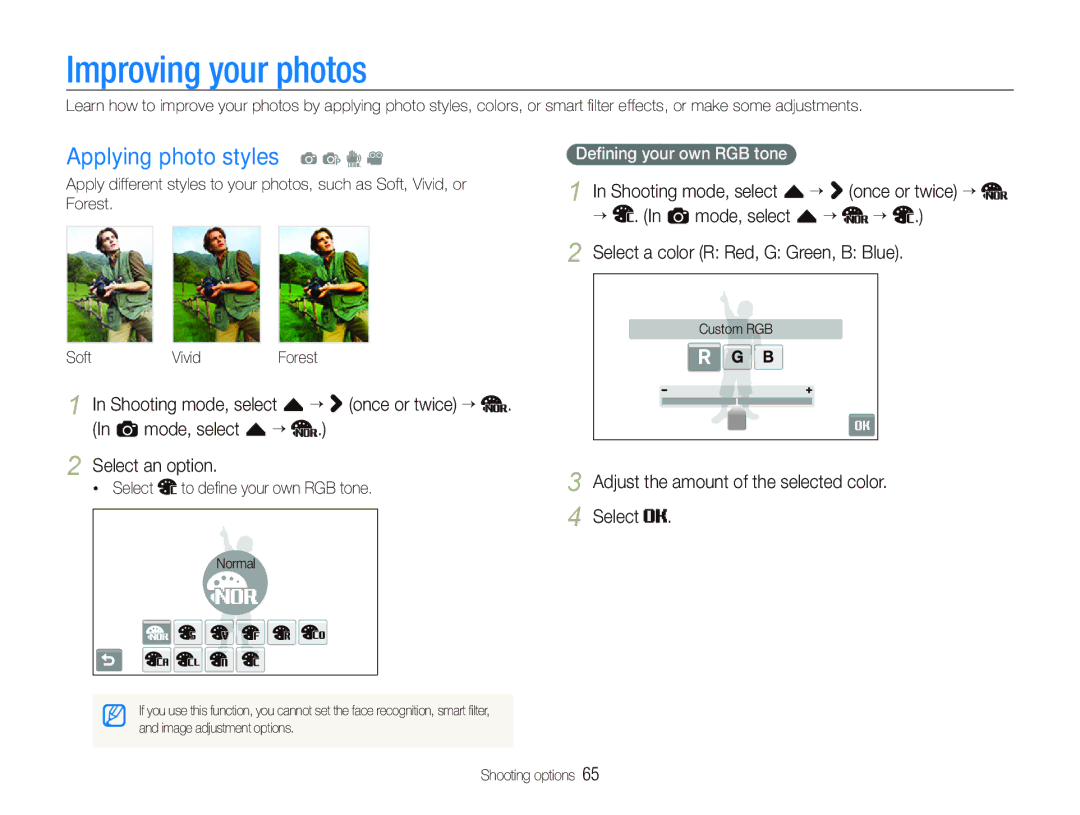 Samsung ST600 Improving your photos, Applying photo styles a p d, Adjust the amount of the selected color. Select 