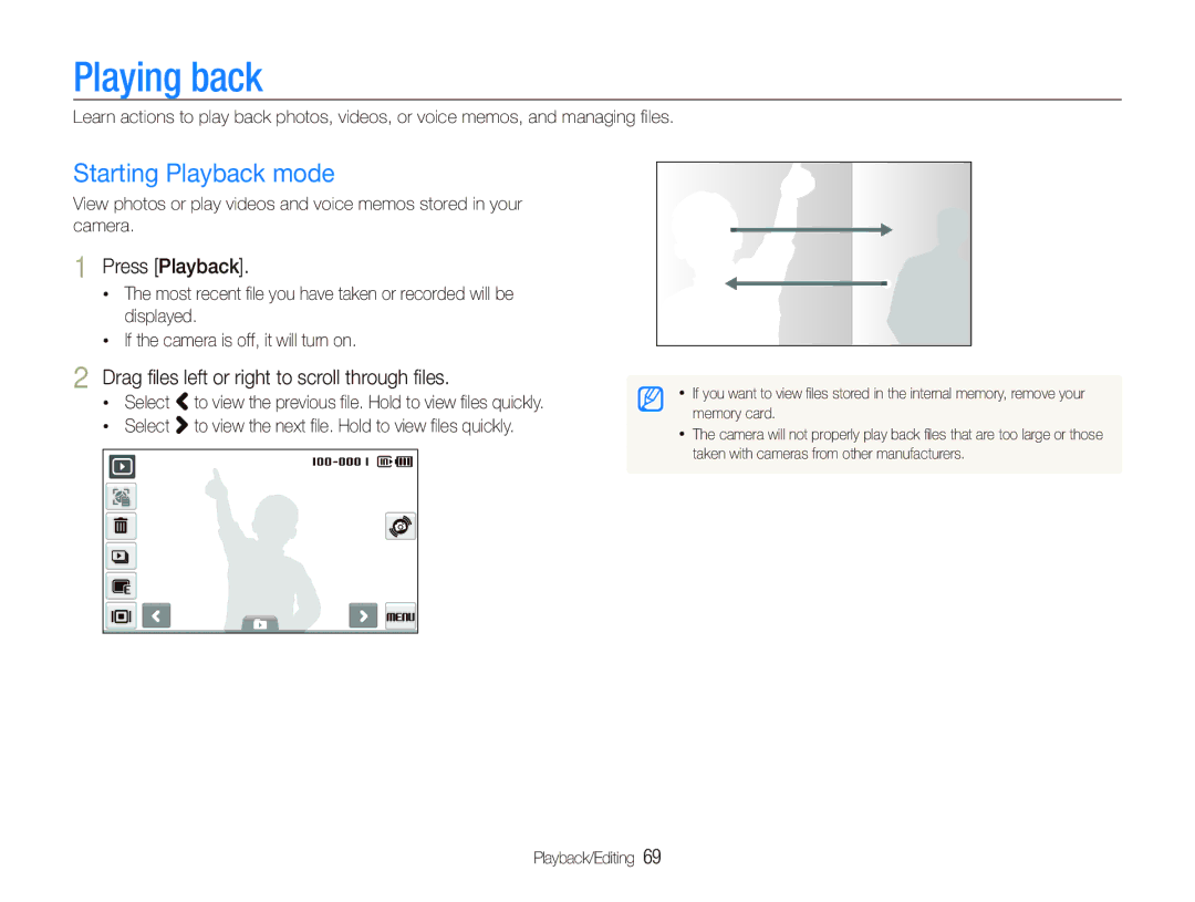 Samsung ST600 Playing back, Starting Playback mode, Press Playback, Drag ﬁles left or right to scroll through ﬁles 