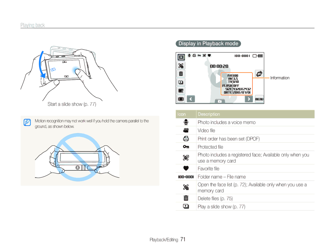 Samsung ST600 user manual Display in Playback mode, Start a slide show p 