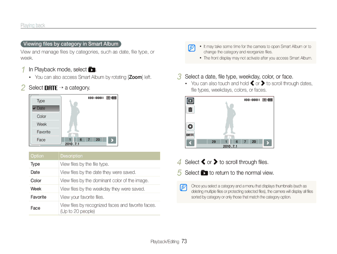 Samsung ST600 user manual Select “ a category, Select a date, ﬁle type, weekday, color, or face 