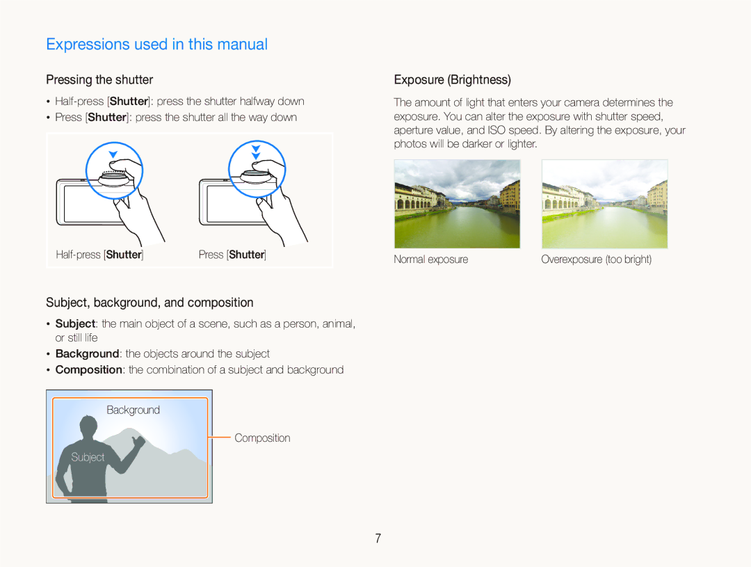 Samsung ST600 user manual Expressions used in this manual, Pressing the shutter, Subject, background, and composition 