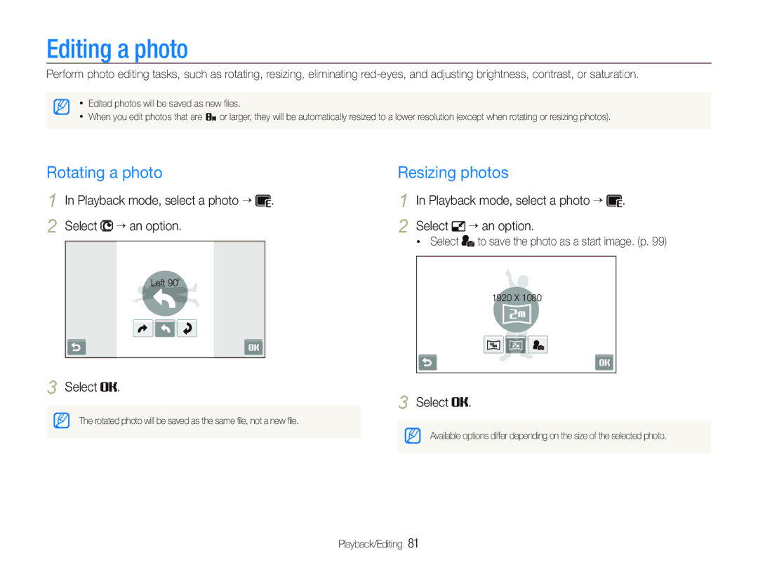 Samsung ST600 Editing a photo, Rotating a photo, Resizing photos, Playback mode, select a photo “ Select ““an option 