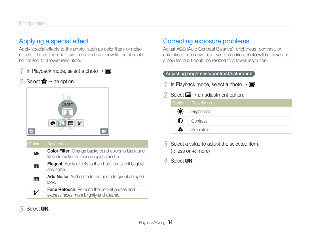 Samsung ST600 user manual Applying a special effect, Correcting exposure problems, Adjusting brightness/contrast/saturation 