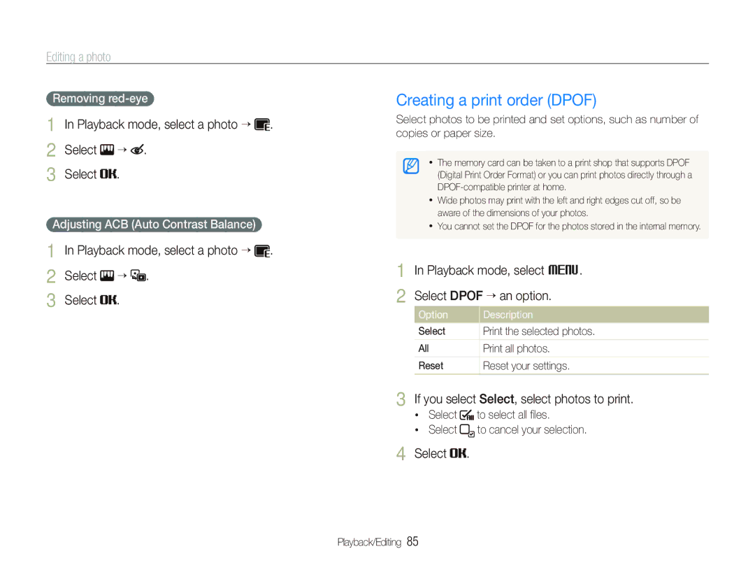 Samsung ST600 user manual Creating a print order Dpof, Playback mode, select a photo “ Select “, Removing red-eye 