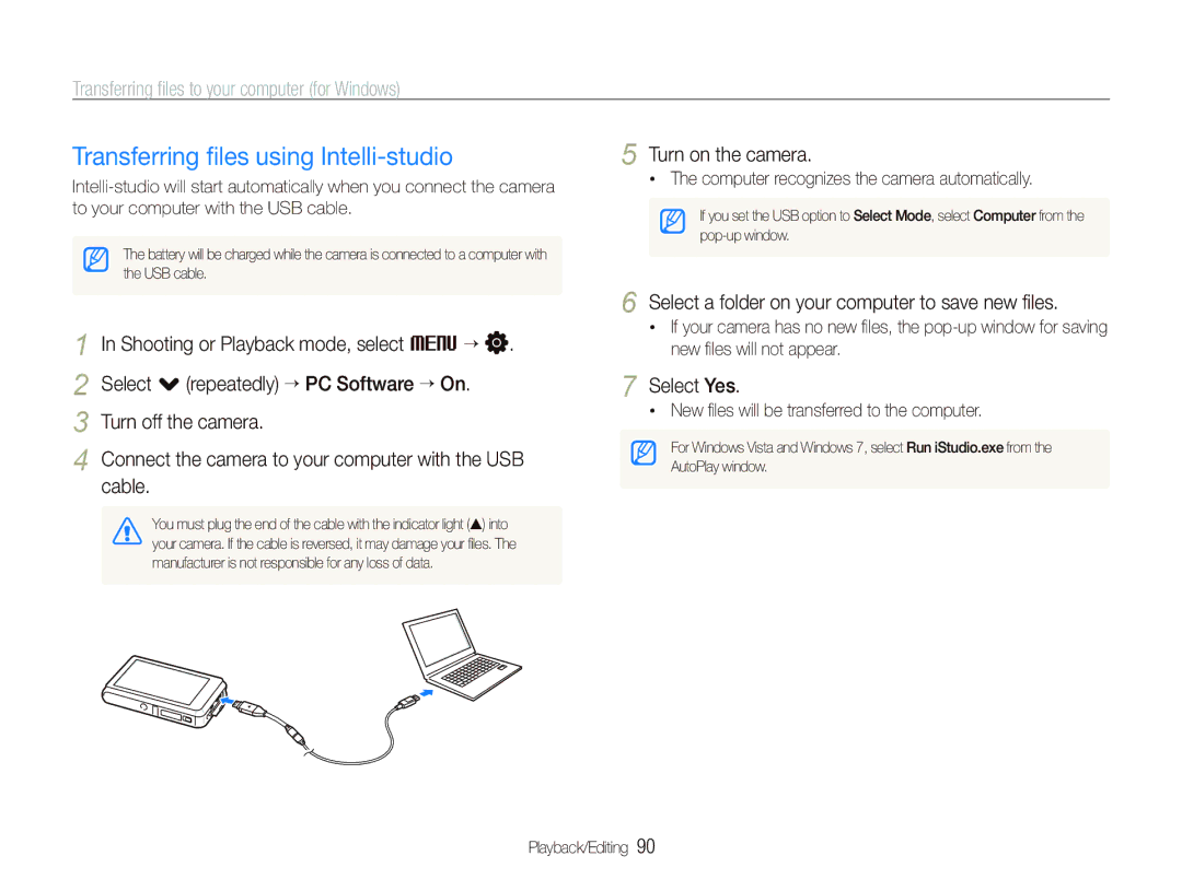 Samsung ST600 user manual Transferring ﬁles using Intelli-studio, Transferring ﬁles to your computer for Windows, Cable 