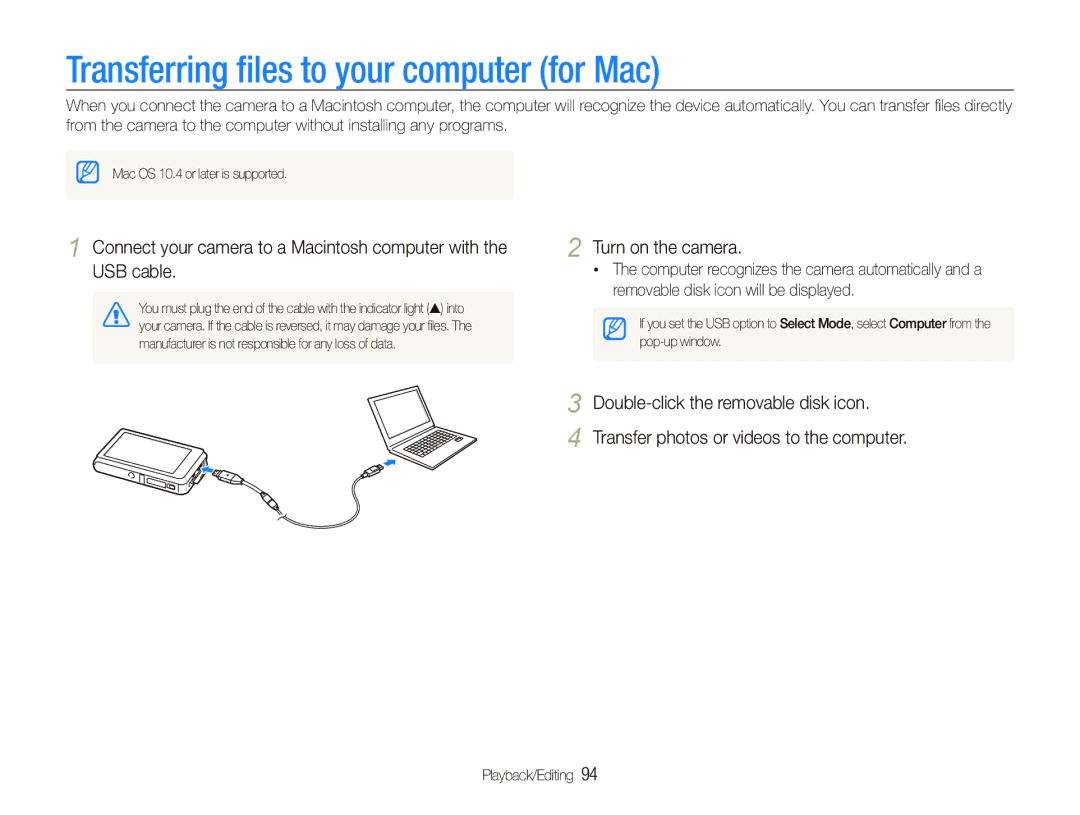 Samsung ST600 user manual Transferring ﬁles to your computer for Mac 