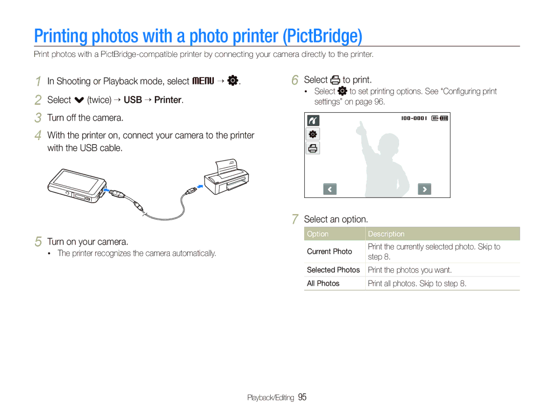 Samsung ST600 Printing photos with a photo printer PictBridge, Select . twice ““USB ““Printer, With the USB cable 