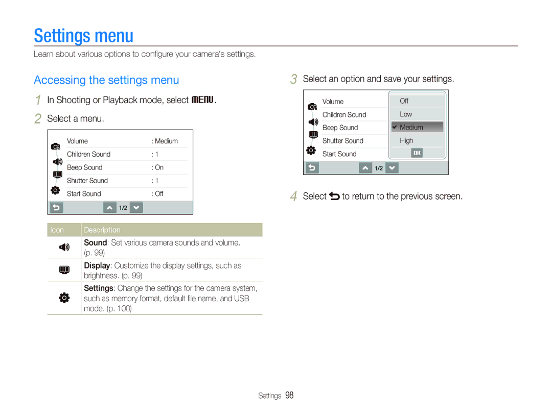 Samsung ST600 user manual Settings menu, Accessing the settings menu, Shooting or Playback mode, select M Select a menu 