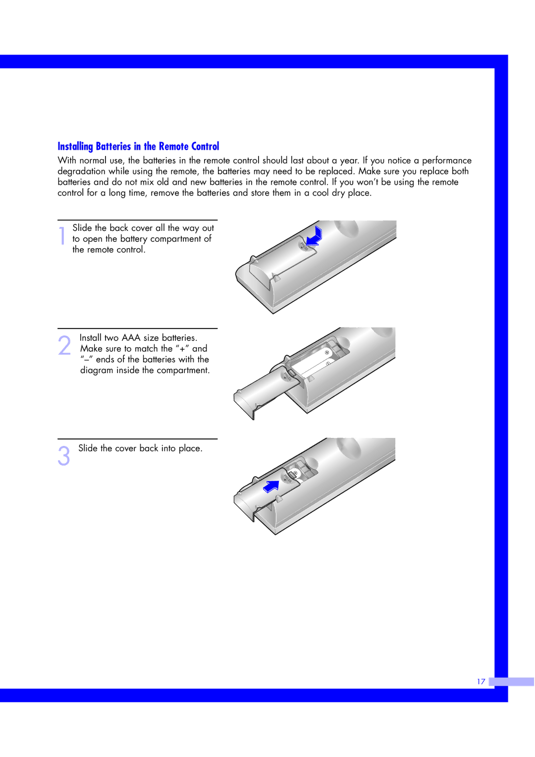 Samsung ST50L2HD, ST61L2HD instruction manual Installing Batteries in the Remote Control 