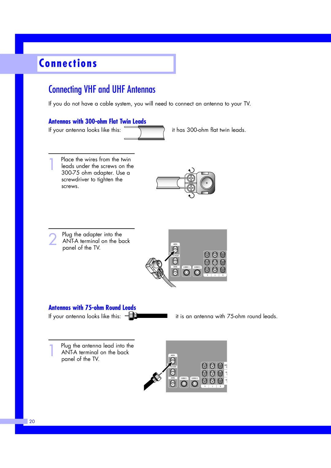 Samsung ST61L2HD Connecting VHF and UHF Antennas, Antennas with 300-ohm Flat Twin Leads, Antennas with 75-ohm Round Leads 