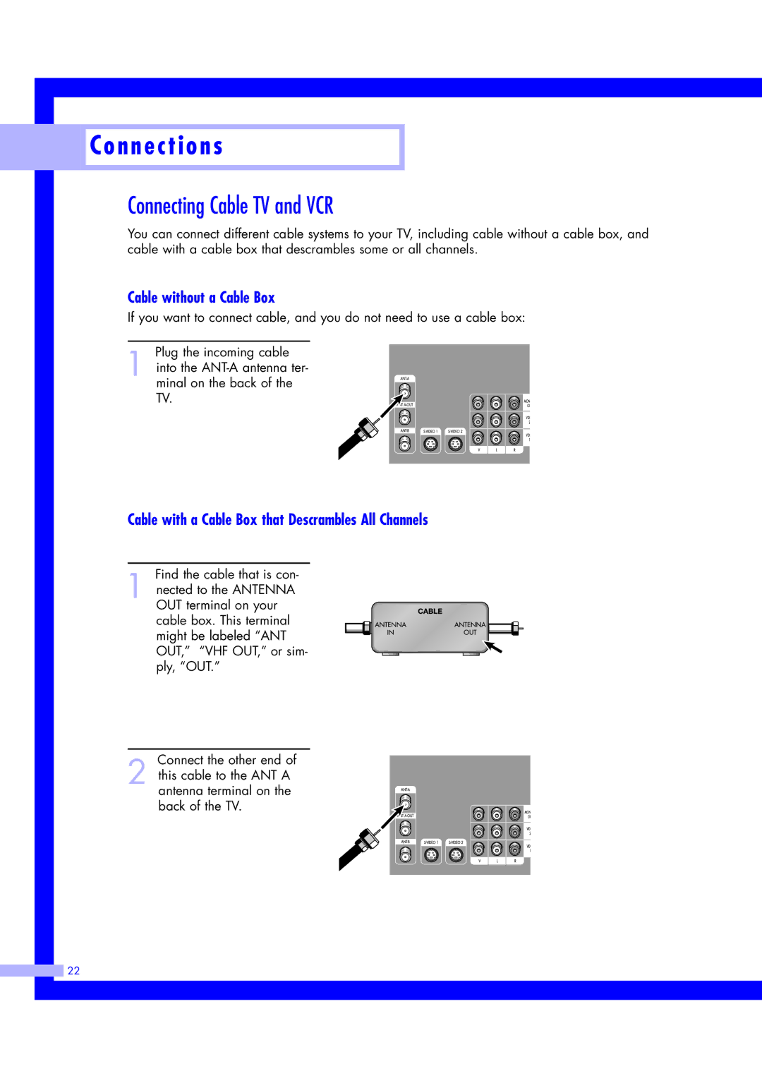 Samsung ST61L2HD, ST50L2HD instruction manual Connecting Cable TV and VCR, Cable without a Cable Box 