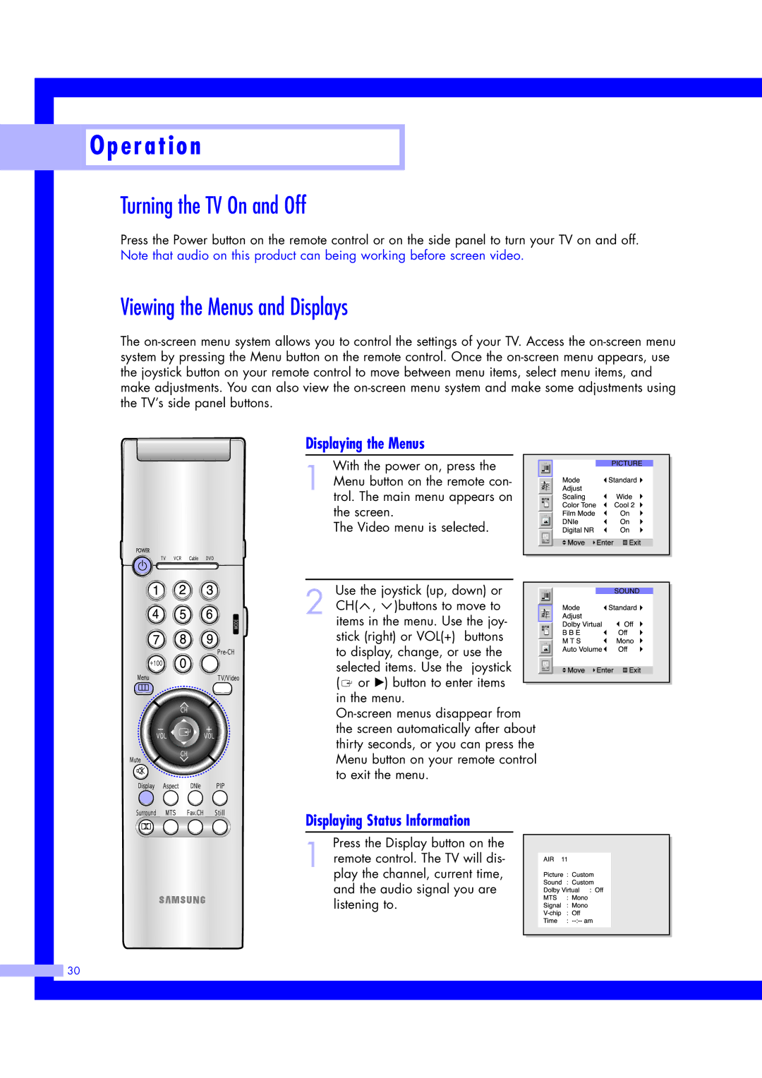 Samsung ST61L2HD, ST50L2HD Turning the TV On and Off, Viewing the Menus and Displays, Displaying the Menus 