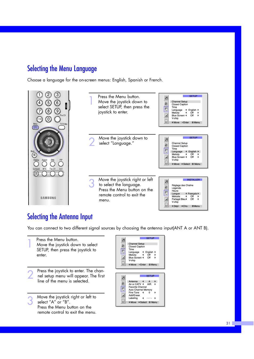 Samsung ST50L2HD, ST61L2HD instruction manual Selecting the Menu Language, Selecting the Antenna Input 