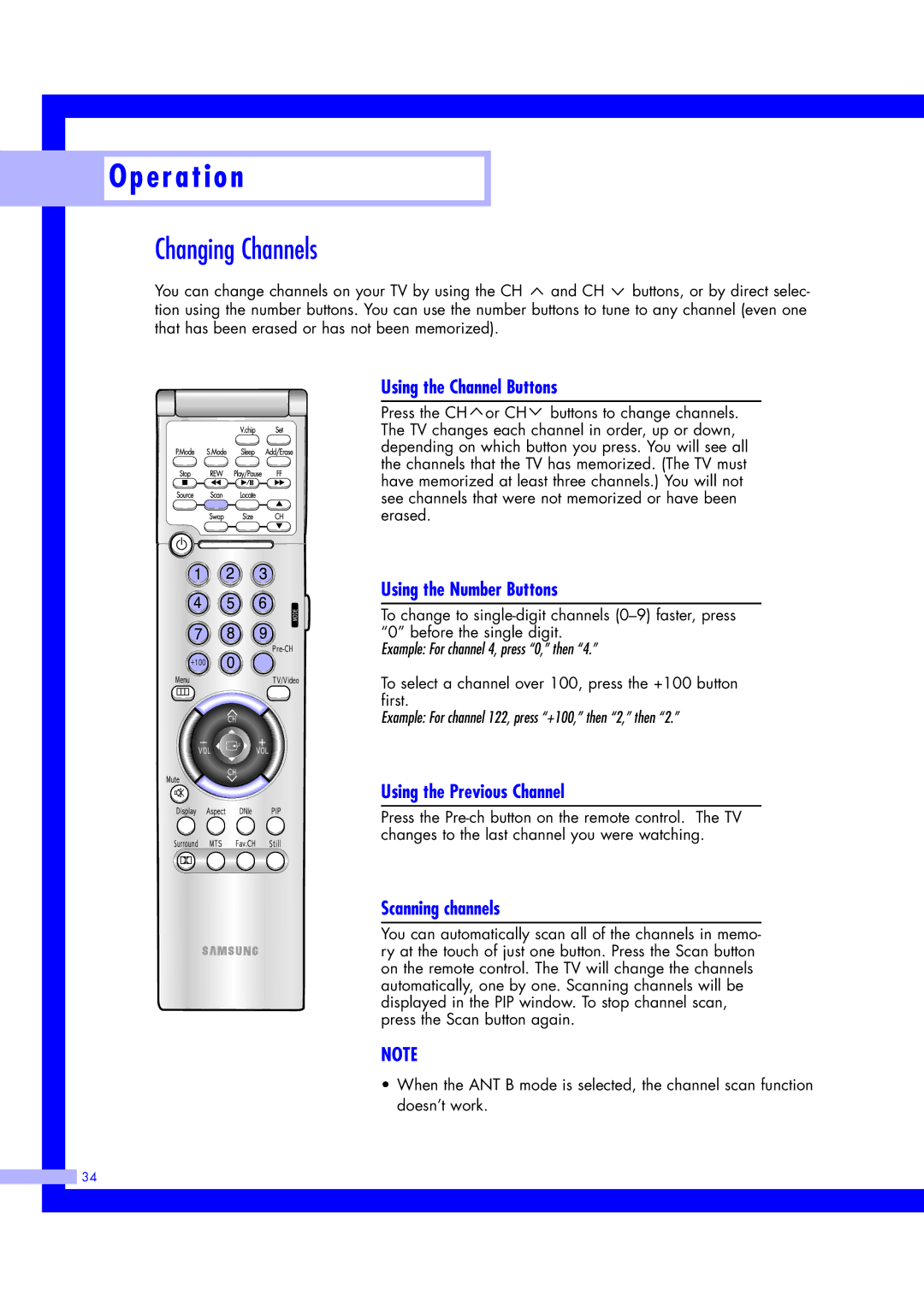 Samsung ST61L2HD Changing Channels, Using the Channel Buttons, Using the Number Buttons, Using the Previous Channel 