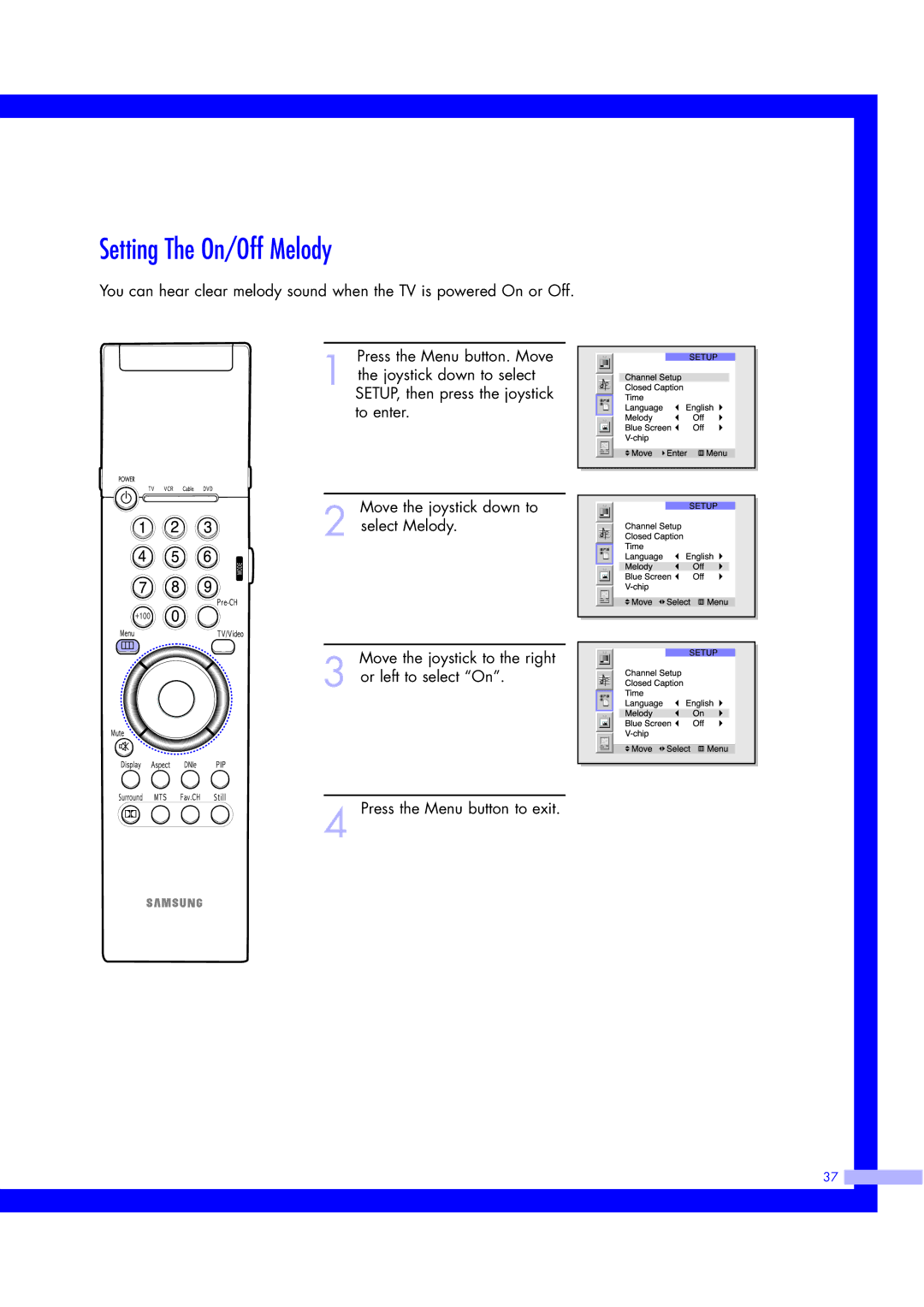 Samsung ST50L2HD, ST61L2HD instruction manual Setting The On/Off Melody 