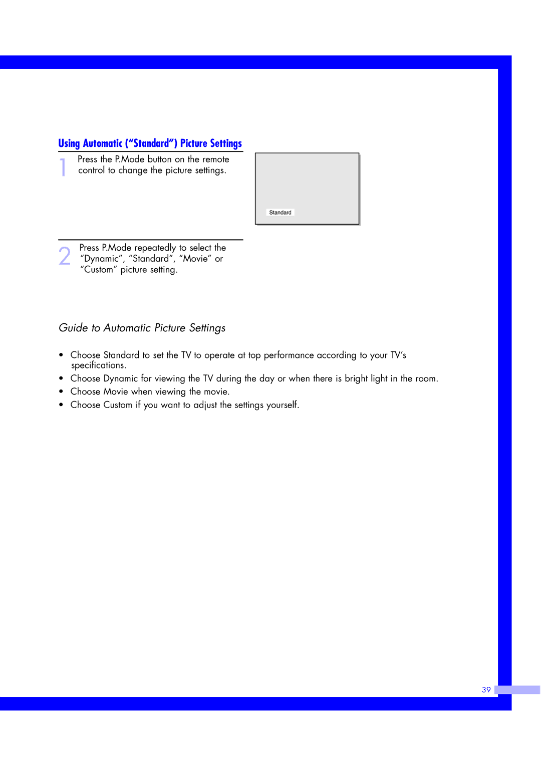 Samsung ST50L2HD, ST61L2HD instruction manual Using Automatic Standard Picture Settings, Guide to Automatic Picture Settings 