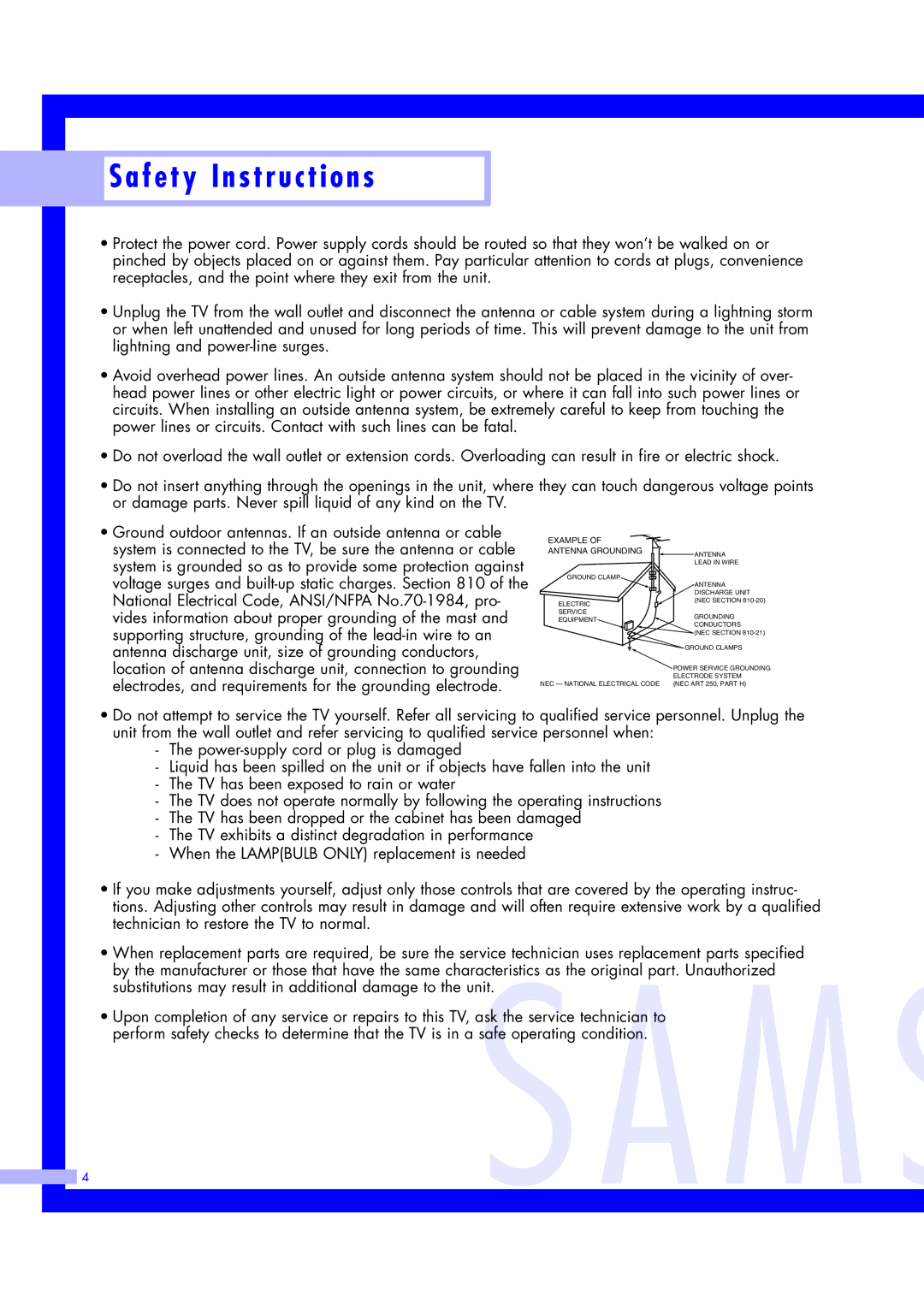 Samsung ST61L2HD, ST50L2HD instruction manual Example Antenna Grounding 