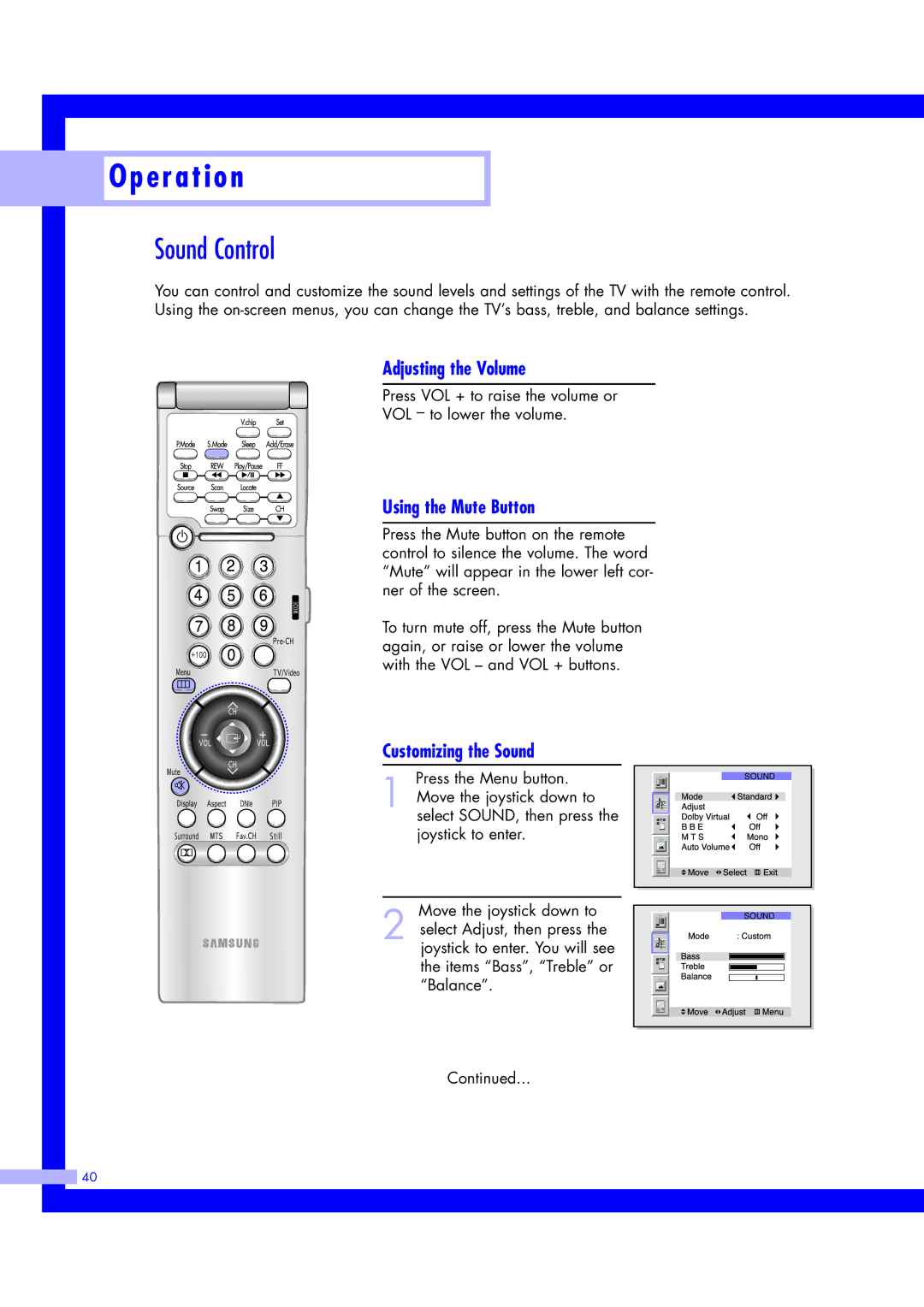 Samsung ST61L2HD, ST50L2HD Sound Control, Adjusting the Volume, Using the Mute Button, Customizing the Sound 