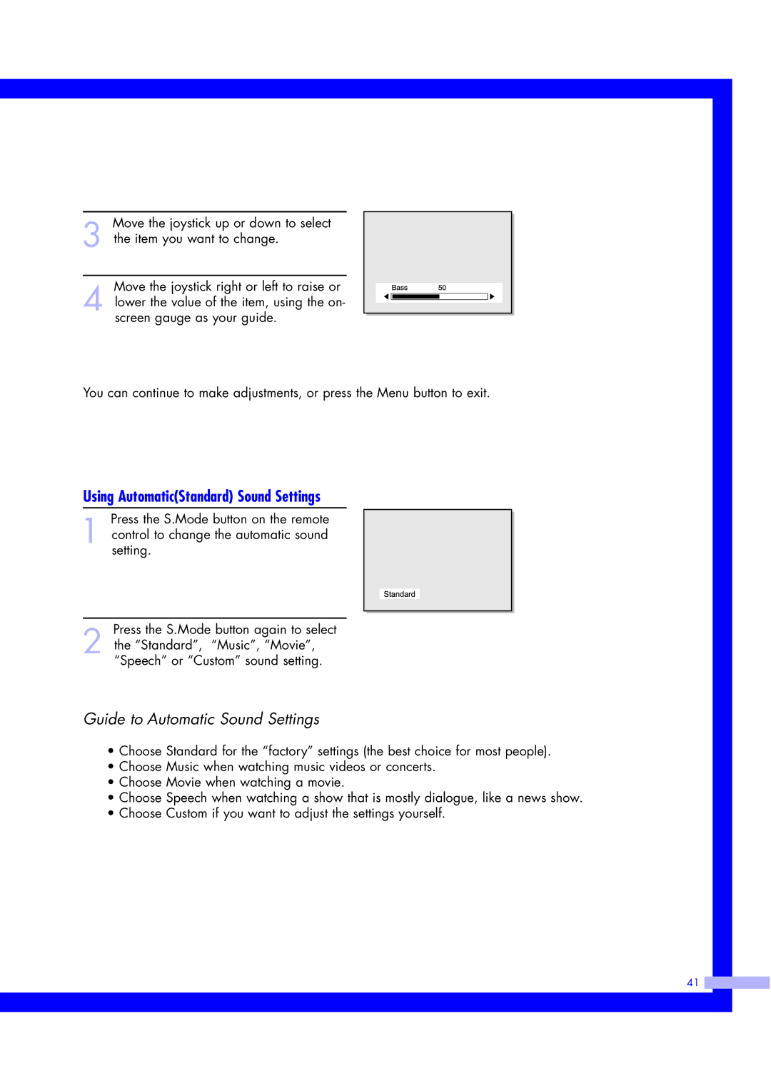 Samsung ST50L2HD, ST61L2HD instruction manual Using AutomaticStandard Sound Settings, Guide to Automatic Sound Settings 