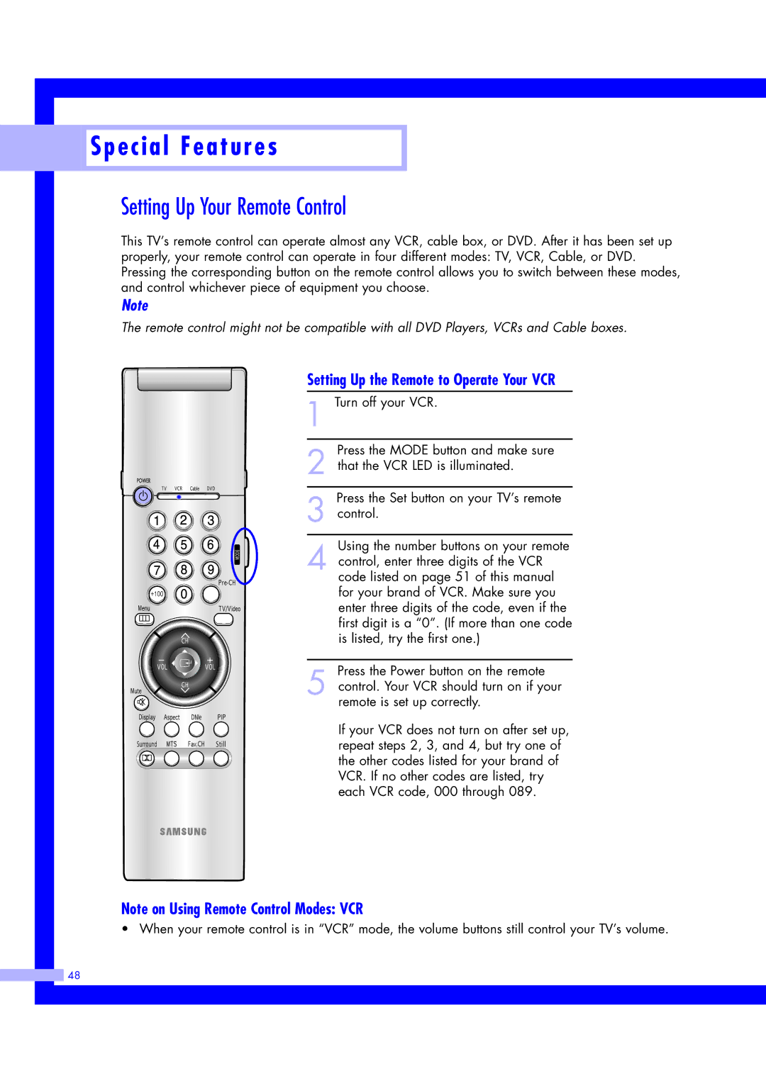 Samsung ST61L2HD, ST50L2HD instruction manual Setting Up Your Remote Control, Setting Up the Remote to Operate Your VCR 